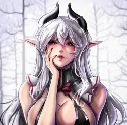 Rule 34 | 1girl, ahyra, ara ara, bow, bowtie, breasts, commentary, commission, curvy, demon, demon girl, demon horns, demon wings, english commentary, grey hair, highres, horns, indie virtual youtuber, large breasts, lipstick, long hair, looking at viewer, makeup, mature female, naughty face, non-web source, pointy ears, red bow, red bowtie, red eyes, second-party source, solo, vampire, vansikart, virtual youtuber, white hair, wings