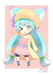 Rule 34 | &gt; o, 1girl, animal ear fluff, animal ears, aqua hair, belt, belt buckle, bike shorts, black shorts, blue belt, blush, brown background, brown footwear, brown hat, brown jacket, buckle, chibi, chita (ketchup), collarbone, copyright request, dress, full body, green eyes, hair between eyes, hair ornament, hat, jacket, kneehighs, long hair, long sleeves, low-tied long hair, one eye closed, open clothes, open jacket, outstretched arm, parted lips, pink dress, safety pin, shoes, short eyebrows, short shorts, shorts, shorts under dress, signature, sleeves past wrists, smile, socks, solo, standing, striped clothes, striped socks, thick eyebrows, two-tone background, white background