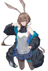 Rule 34 | 1girl, absurdres, amiya (arknights), animal ears, arknights, armpit crease, ascot, bare shoulders, black collar, black jacket, blue ascot, blue eyes, blue skirt, blush, breasts, brown hair, brown pantyhose, collar, commentary, contrapposto, cowboy shot, cropped legs, fang, floating hair, hair between eyes, hand on own hip, hand on own shoulder, hand up, happy, highres, infection monitor (arknights), jacket, long hair, long sleeves, looking at viewer, medium breasts, miniskirt, off shoulder, open clothes, open jacket, open mouth, outstretched hand, pantyhose, plaid, plaid skirt, pocket, ponytail, rabbit ears, rabbit girl, ribbed sweater, shadow, sideboob, sidelocks, simple background, skirt, sleeveless, sleeveless sweater, smile, solo, standing, sweater, thighlet, tobildesu, two-sided fabric, two-sided jacket, v-shaped eyebrows, variant set, very long hair, white background, white sweater, wide sleeves
