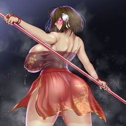 Rule 34 | 1girl, adapted costume, ahoge, armpit hair, ass, blush, breasts, brown hair, embarrassed, floating clothes, floating hair, from behind, fundoshi, glowing, glowing eyes, gradient background, hair ornament, hair ribbon, hatsusora sakuta, huge ass, huge breasts, japanese clothes, jewelry, lactation, lactation through clothes, light particles, looking at viewer, looking back, mature female, miko, mole, mole under eye, original, polearm, pussy juice drip, red eyes, red skirt, ribbon, ring, see-through, see-through skirt, see-through sleeves, short hair, sideboob, skirt, thighs, weapon, wedding band, wedding ring