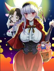 Rule 34 | 3girls, black hair, blush, braid, breasts, candy, cape, corset, dress, facial mark, fate/extra, fate/extra ccc, fate/grand order, fate (series), food, forehead mark, forehead tattoo, frilled hairband, frills, full moon, hair ribbon, hairband, halloween bucket, halloween costume, heart, highres, hood, hooded cape, horns, kama (fate), kankitsu kei, large breasts, lollipop, long hair, long sleeves, looking at viewer, matou sakura, moon, multiple girls, night, night sky, parted bangs, parvati (fate), pink eyes, pink ribbon, red cape, red skirt, ribbon, sessyoin kiara, silver hair, skirt, sky, smile, sparkle, twin braids, veil, wavy hair, white dress, yellow eyes