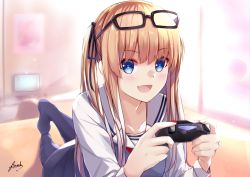 Rule 34 | 1girl, absurdres, bee doushi, black legwear, black ribbon, blonde hair, blue eyes, commentary request, controller, eyewear on head, game console, hair ribbon, highres, long hair, looking at viewer, lying, on stomach, playing games, ribbon, saenai heroine no sodatekata, sawamura spencer eriri, school uniform, signature, smile, solo, twintails