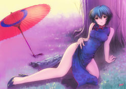Rule 34 | 1girl, against tree, arm support, ayanami rei, blue hair, china dress, chinese clothes, dress, high heels, highres, kobayashi yuji, legs, lying, neon genesis evangelion, oil-paper umbrella, outdoors, red eyes, shoes, short hair, solo, tree, umbrella, under tree