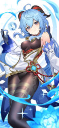 Rule 34 | 1girl, absurdres, ahoge, bare shoulders, bell, black gloves, blue flower, blue hair, blurry, blurry foreground, bodystocking, breasts, chinese knot, commentary request, cowbell, detached sleeves, flower, flower knot, ganyu (genshin impact), genshin impact, gloves, goat horns, gold trim, hair between eyes, highres, horns, leotard, leotard under clothes, long hair, looking at viewer, low ponytail, medium breasts, neck bell, pantyhose, purple eyes, qingxin flower, sidelocks, smile, solo, sparkle, thighlet, vision (genshin impact), white sleeves, yuujin (yuzinn333)