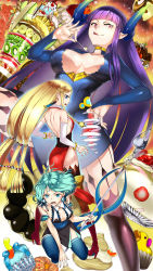 Rule 34 | 3girls, ass, back, banana, banana slice, black legwear, blonde hair, blue eyes, blue hair, blue legwear, bracelet, braid, breasts, candy, chocolate, cleavage, cleavage cutout, clothing cutout, cream puff, cupcake, doughnut, earrings, food, fruit, highres, hime cut, horns, jelly bean, jewelry, kiwi (fruit), kneeling, large breasts, licking lips, long hair, looking at viewer, medium breasts, multiple girls, open mouth, original, parfait, pastry, pocky, pointy ears, polearm, pudding, purple hair, red eyes, rubber duck, short hair, sideboob, sleeveless, spear, spoon, strawberry, thighhighs, tongue, tongue out, wafer stick, weapon, yamanashi kawanashi