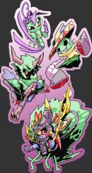 Rule 34 | absurdres, alraumon, digimon, digimon (creature), evolutionary line, fangs, ghilliedhumon, highres, horns, looking at viewer, petals, ponchomon, red eyes, tlalocmon