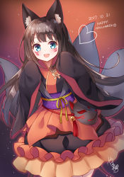 Rule 34 | 1girl, animal ears, blue eyes, brown hair, dated, facial mark, fang, fox ears, fox mask, fox tail, happy halloween, highres, japanese clothes, long hair, looking at viewer, mask, multiple tails, open mouth, original, sleeves past wrists, standing, tail, whisker markings, wide sleeves, yatsuki yura