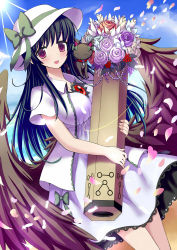 Rule 34 | 1girl, :d, adapted costume, animal, animal on shoulder, black hair, black wings, blush, bouquet, bow, breasts, cat on shoulder, flower, givuchoko, hat, hat bow, highres, kaenbyou rin, kaenbyou rin (cat), large breasts, light rays, long hair, low wings, open mouth, petals, red eyes, reiuji utsuho, smile, solo, sun, sunbeam, sunlight, third eye, touhou, wings