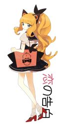 Rule 34 | 1girl, alternate hairstyle, bag, blonde hair, blue eyes, bow, full body, hair bow, legs, long hair, maooo, ponytail, sailor collar, seeu, shoes, smile, solo, song name, symbol-shaped pupils, transparent background, vocaloid
