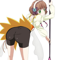 Rule 34 | 1girl, ass, bike shorts, brown hair, female focus, green eyes, hairband, leia rolando, looking back, short hair, short hair with long locks, simple background, solo, staff, tales of (series), tales of xillia, white background, yoshida keiji