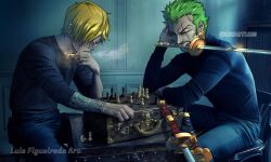 Rule 34 | 4boys, arm tattoo, artist name, blonde hair, board game, chess, chessboard, cigarette, closed mouth, cristiano ronaldo, earrings, green hair, highres, holding, holding cigarette, holding sword, holding weapon, jewelry, katana, lionel messi, luis figueiredo, mouth hold, multiple boys, one eye closed, one piece, real life, ring, roronoa zoro, sanji (one piece), scar, scar across eye, short hair, signature, single earring, sitting, smoke, soccer, sword, tattoo, weapon