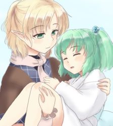 Rule 34 | 2girls, arm warmers, black shirt, blonde hair, blush, brown jacket, carrying, closed eyes, commentary request, green eyes, green hair, hair between eyes, hair bobbles, hair ornament, half updo, isaki (gomi), jacket, japanese clothes, kimono, kisume, looking at another, medium hair, mizuhashi parsee, multicolored clothes, multicolored jacket, multiple girls, one-hour drawing challenge, open mouth, pointy ears, princess carry, scarf, shirt, short ponytail, short sleeves, touhou, twintails, upper body, white kimono, white scarf