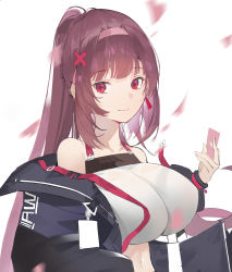 Rule 34 | 1girl, absurdres, alternate breast size, bare shoulders, breasts, brown hair, cleavage, closed mouth, collarbone, covered erect nipples, crop top, curryzcy, ear piercing, girls&#039; frontline, hair ornament, hairband, highres, impossible clothes, jacket, large breasts, long hair, looking at viewer, midriff, navel, open clothes, open jacket, petals, piercing, ponytail, red eyes, red hair, simple background, smile, solo, upper body, very long hair, wa2000 (girls&#039; frontline), white background, x hair ornament