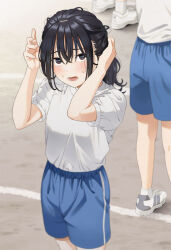 Rule 34 | 1girl, 2others, arms up, black hair, blue shorts, blurry, blush, breasts, brown eyes, day, depth of field, feet out of frame, fingernails, gym shirt, gym shorts, gym uniform, hair between eyes, tucking hair, looking at viewer, lower body, mattaku mousuke, medium breasts, multiple others, open mouth, original, out of frame, outdoors, puffy short sleeves, puffy sleeves, sanpaku, shirt, shirt tucked in, shoes, short sleeves, shorts, single stripe, socks, solo focus, standing, sweat, twitter username, watermark, white footwear, white shirt, white socks, white stripes