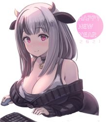 Rule 34 | 1girl, 2021, animal ears, animal print, ass, bare shoulders, bent over, blunt bangs, blush, breasts, choker, cleavage, closed mouth, commentary request, cow ears, cow horns, cow print, enumiyaa, grey hair, grey sweater, highres, horns, keyboard (computer), large breasts, long hair, looking at viewer, mouse (computer), new year, off-shoulder sweater, off shoulder, original, pink eyes, simple background, smile, solo, sweater, table, tank top, upper body, white background