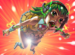 Rule 34 | 1girl, boots, breasts, cleavage, colorized, electricity, fangs, frills, goggles, goggles on head, green eyes, green hair, gumi, highres, honzawa yuuichirou, matching hair/eyes, musical note, open mouth, shiga haku, short hair, skirt, solo, tongue, vocaloid