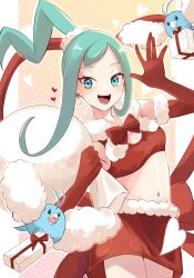 Rule 34 | 1girl, :d, absurdres, alternate costume, bow, box, breasts, christmas, cleavage, commentary request, creatures (company), earrings, elbow gloves, game freak, gen 3 pokemon, gift, gift box, gloves, green eyes, green hair, heart, highres, holding, holding sack, jewelry, lisia (pokemon), looking at viewer, medium breasts, midriff, navel, nintendo, open mouth, pokemon, pokemon (creature), pokemon oras, ponytail, red bow, red gloves, red skirt, sack, sidelocks, skirt, smile, ssn (sasa8u9r), swablu, teeth, tongue