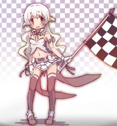 Rule 34 | 1girl, absurdres, blush, breasts, brown eyes, checkered background, checkered flag, cleavage, female focus, flag, gloves, groin, highres, holding, looking at viewer, mahou shoujo madoka magica, mahou shoujo madoka magica: hangyaku no monogatari, midriff, miniskirt, momoe nagisa, navel, open mouth, race queen, skirt, small breasts, smile, solo, thighhighs, white gloves, white hair, yanmaami