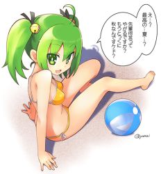 Rule 34 | 10s, 1girl, arm support, ball, beachball, bell, bikini, gj-bu, green eyes, green hair, hair bell, hair ornament, kannazuki tamaki, looking at viewer, looking back, matching hair/eyes, on floor, on ground, open mouth, short twintails, sitting, smile, solo, swimsuit, twintails
