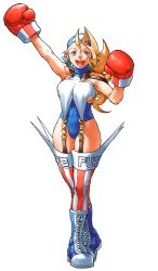 Rule 34 | 2girls, arm up, bandana, bengus, blonde hair, blue eyes, boots, boxing gloves, breasts, capcom, full body, garter straps, justice gakuen, large breasts, leotard, long hair, looking at viewer, multiple girls, official art, open mouth, simple background, solo, standing, striped clothes, striped thighhighs, thighhighs, tiffany lords, turtleneck, vertical-striped clothes, vertical-striped thighhighs, white background