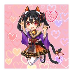 Rule 34 | 1girl, animal ears, artist name, artist request, bare shoulders, bell, black hair, blush, bow, cat ears, cat tail, chibi, collar, collarbone, corset, cosplay, cross-laced clothes, cross-laced skirt, female focus, full body, hair bow, highres, japanese clothes, jumping, kimono, looking at viewer, love live!, love live! school idol festival, love live! school idol project, neck bell, nico nico nii, orange skirt, pepper lemon, platform footwear, purple kimono, red eyes, red ribbon, ribbon, short hair, skirt, smile, solo, tail, twintails, white legwear, yazawa nico