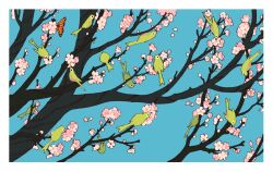 Rule 34 | animal focus, bird, blue background, border, branch, bud, bug, butterfly, cherry blossoms, commentary, drinking, english commentary, falling petals, flower, insect, katie o&#039;neill, no humans, orange butterfly, original, petals, pink flower, too many, too many birds, white border