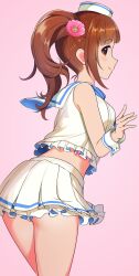 Rule 34 | 1girl, bare shoulders, bow, breasts, brown eyes, brown hair, closed mouth, cowboy shot, crop top, cropped shirt, flower, frilled shirt, frills, from behind, hair bow, hair flower, hair ornament, hands up, hat, highres, idolmaster, idolmaster cinderella girls, idolmaster cinderella girls starlight stage, igarashi kyoko, long hair, looking at viewer, looking back, medium breasts, midriff, mini hat, natsuya (natuya777), pink background, pink flower, pleated skirt, sailor collar, shirt, side ponytail, simple background, skirt, sleeveless, sleeveless shirt, smile, solo, white hat, white sailor collar, white shirt, white skirt, white wrist cuffs, wrist cuffs