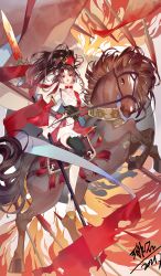 Rule 34 | 1girl, absurdres, black hair, brown eyes, brown hair, choker, fire, high ponytail, highres, holding, holding weapon, horse, japanese clothes, kimono, long hair, long sleeves, looking at viewer, parted bangs, pleated skirt, ponytail, red kimono, scarlet (garnet1990), skirt, solo, tassel, thighhighs, wangzhe rongyao, war, weapon, white skirt, wide sleeves, yun ying