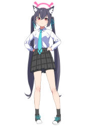 Rule 34 | &gt;:(, 1girl, afnroll, animal ear fluff, animal ears, black hair, black socks, blue archive, blue necktie, breasts, cat ears, closed mouth, cross, full body, grey skirt, hair between eyes, hair ribbon, halo, hands on own hips, highres, long hair, long sleeves, necktie, plaid, plaid skirt, pleated skirt, red eyes, ribbon, school uniform, serika (blue archive), shirt, shirt tucked in, shoes, sidelocks, simple background, skirt, small breasts, sneakers, socks, solo, standing, twintails, v-shaped eyebrows, very long hair, white background, white shirt