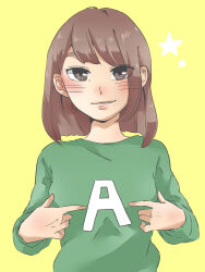Rule 34 | 1girl, blush, breasts, brown eyes, brown hair, commentary request, green sweater, grin, highres, kashikaze, kusuda aina, looking at viewer, medium breasts, medium hair, parted lips, pointing, pointing at self, real life, simple background, smile, solo, sweater, upper body, voice actor, yellow background