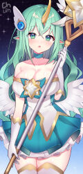 Rule 34 | 1girl, :o, absurdres, breasts, dress, gloves, green eyes, grey hair, highres, large breasts, league of legends, long hair, open mouth, pelicana, solo, soraka (league of legends), star (sky), star guardian (league of legends), star guardian soraka, white gloves