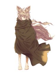 Rule 34 | 1girl, animal ears, barefoot, brown eyes, cloak, cuts, dirty, dirty feet, fox ears, full body, fumato, highres, injury, light brown hair, long hair, original, simple background, torn clothes, white background, wind