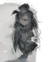 Rule 34 | 1girl, character name, closed mouth, coat, from above, g11 (girls&#039; frontline), girls&#039; frontline, grey eyes, grey hair, grey theme, hair between eyes, hat, long hair, long sleeves, open clothes, open coat, perspective, simple background, sketch, solo, standing, yasushi
