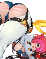 Rule 34 | 1girl, ass, ass cutout, cleft of venus, clothing cutout, green hair, guilty gear, jack-o&#039; challenge, jack-o&#039; valentine, moqsal, red hair, revealing clothes, smile, solo, spanked, white background