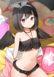 Rule 34 | 1girl, :o, absurdres, arm support, bare shoulders, bikini, black bikini, black hair, black wings, blue archive, blurry, blush, bow hairband, choker, collarbone, cowboy shot, depth of field, feathered wings, frilled bikini, frills, hairband, halo, halterneck, highres, jacket, looking at viewer, mashiro (blue archive), mashiro (swimsuit) (blue archive), navel, off shoulder, parted lips, pink jacket, purple eyes, short hair, sitting, solo, stomach, swimsuit, thighs, three twosix, white hairband, winged halo, wings