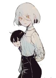 Rule 34 | 1boy, 1girl, arms behind back, black eyes, black hair, hair between eyes, height difference, highres, open mouth, original, puffy sleeves, short hair, simple background, sketch, syokuuuuuuuuumura, white background, white hair, yellow eyes