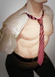 Rule 34 | 1boy, arms behind back, bad id, bad twitter id, belt, brown pants, gradient background, grey background, groin, head out of frame, highres, male focus, necktie, nipples, open clothes, open shirt, original, pants, pectorals, red necktie, salaryman, shirt, simple background, solo, striped necktie, striped neckwear, wadani hitonori, white shirt