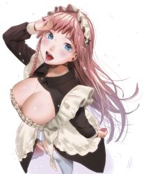 Rule 34 | 1girl, apron, braid, breasts, cleavage cutout, clothing cutout, frills, from above, garter straps, green eyes, harumomo, highres, kamiyama aya, large breasts, long hair, looking at viewer, maid, maid apron, maid headdress, mole, mole on breast, mole under eye, nose, open mouth, original, pink hair, pink lips, side braid, simple background, solo, standing, thighhighs, tongue, very long hair, waist apron, white background, white thighhighs