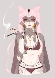 Rule 34 | 1990s (style), 1girl, bishoujo senshi sailor moon, bishoujo senshi sailor moon r, black lady (sailor moon), bra, breasts, chibi usa, cigarette holder, cleavage, cone hair bun, double bun, earrings, fingernails, gloves, grey background, hair bun, jewelry, lace, lace gloves, lingerie, lipstick, long fingernails, long hair, makeup, mask, moon, nail polish, necklace, panties, pink hair, red eyes, red lips, retro artstyle, simple background, smoking, solo, twintails, underwear, very long hair, yangyieva