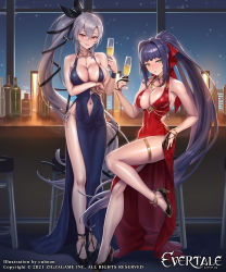 Rule 34 | 2girls, anklet, arm under breasts, bare legs, bare shoulders, blue dress, breasts, champagne flute, clarice (evertale), cleavage, clothing cutout, cuboon, cup, dress, drinking glass, evertale, green eyes, high heels, highres, jewelry, large breasts, looking at viewer, ludmilla (evertale), multiple girls, navel, navel cutout, official art, ponytail, pumps, purple hair, red dress, red eyes, shoes, side slit, sitting, standing, thighs, white hair