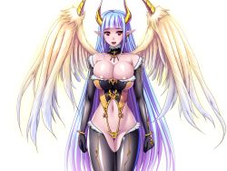 Rule 34 | 1girl, :d, angel, areola slip, blue hair, breasts, choker, cleavage, cowboy shot, demon girl, earrings, feathered wings, gloves, horns, jewelry, large breasts, long hair, lots of jewelry, monster girl, multicolored hair, navel, nipple slip, nipples, open mouth, pointy ears, red eyes, smile, solo, transparent background, very long hair, wings, zundarepon