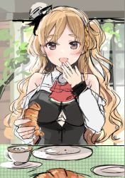 Rule 34 | 1girl, black shirt, black skirt, blonde hair, braid, breasts, brown eyes, commentary request, croissant, cup, food, french braid, kantai collection, large breasts, long hair, looking at viewer, shirt, skirt, solo, teacup, upper body, wavy hair, yunamaro, zara (kancolle), zara due (kancolle)