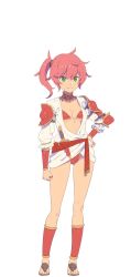 Rule 34 | 1girl, armor, bikini, bikini armor, blouse, breasts, clenched hands, closed mouth, contrapposto, detached collar, enkyo yuuichirou, full body, green eyes, hand on own hip, highres, knife, long sleeves, looking at viewer, one side up, pauldrons, red bikini, red hair, red sash, sandals, sash, shirt, shoulder armor, simple background, small breasts, smile, solo, swimsuit, white background