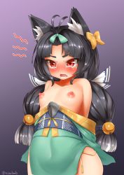 Rule 34 | 1girl, angry, animal ears, azur lane, bell, black hair, blush, bow, breasts, fox ears, hair bell, hair bow, hair ornament, highres, japanese clothes, kimono, long hair, low twintails, navel, nipples, open mouth, red eyes, small breasts, solo, tears, twintails, yonkuron, yuubari (azur lane)