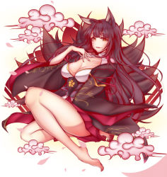 Rule 34 | 1girl, absurdres, akagi (azur lane), animal ears, azur lane, bad id, bad pixiv id, bare legs, barefoot, black hair, blunt bangs, breasts, cleavage cutout, clothing cutout, cloud, fox ears, fox tail, full body, hand on own chest, highres, japanese clothes, kimono, large breasts, light smile, long hair, long sleeves, looking at viewer, multiple tails, parted lips, revision, smile, solo, tail, tetsu (excalibur920), wide sleeves, yellow eyes