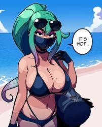 Rule 34 | 1girl, bikini, breasts, character request, cleavage, green hair, huge breasts, jam-orbital, large breasts, long hair, mask, mouth mask, solo, swimsuit, tagme