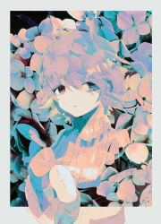 Rule 34 | 1girl, expressionless, floral background, flower, looking at viewer, muted color, original, pink eyes, purple hair, ribbed sweater, short hair, solo, sweater, tsukamoto anabone