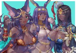 Rule 34 | 3girls, absurdres, animal ears, aqua background, bandaged arm, bandaged hand, bandages, bare shoulders, black gloves, black hair, blue eyes, breasts, bubble tea, bubble tea challenge, cleavage, closed mouth, covered navel, cup, dark-skinned female, dark skin, elbow gloves, fake animal ears, fate/grand order, fate (series), fingerless gloves, gloves, green eyes, hairband, highres, holding, holding cup, huge filesize, long hair, makeup, multiple girls, navel, nitocris (fate), one eye closed, open mouth, purple hair, queen of sheba (fate), rabbit ears, scheherazade (fate), simple background, smile, sweat, tapioka chaso, tongue, two-tone background, upper body, white background