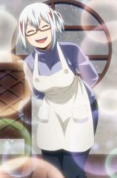 Rule 34 | 1girl, :d, apron, arms behind back, blush, boku no hero academia, breasts, buttons, closed eyes, denim, facing viewer, female focus, glasses, happy, high ponytail, highres, indoors, jeans, large breasts, leaning, leaning forward, long hair, long sleeves, multicolored hair, official art, open mouth, pants, pocket, pockets, ponytail, red hair, room, screencap, shirt, smile, solo, sparkle, standing, streaked hair, sweater, teeth, todoroki fuyumi, tongue, turtleneck, turtleneck sweater, wall, white hair