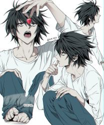 Rule 34 | 1boy, black eyes, black hair, death note, eating, food, fruit, highres, holding, holding food, holding fruit, l (death note), long sleeves, looking to the side, m m pb, male focus, multiple views, open mouth, strawberry